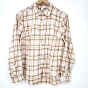 Old Navy Womens‎ The Classic Shirt Size M Tan Ivory Plaid Button Neutral Western